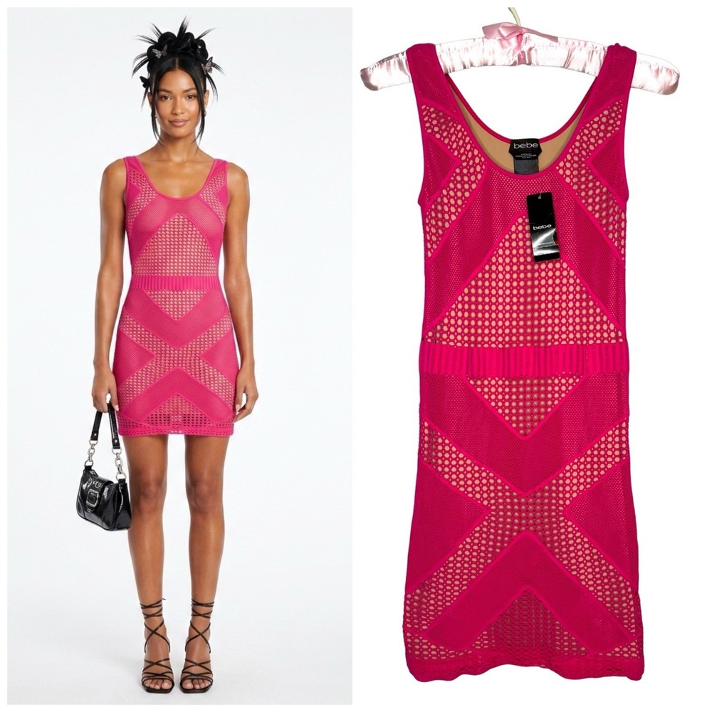 BEBE NWT M/L Neon Pink Body Con Crochet Knit Bandage Illusion Dress Mini Mesh